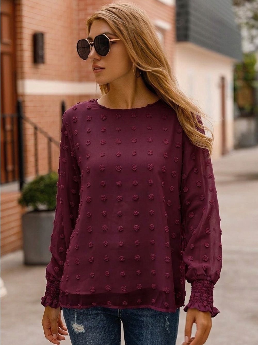 Blooming Jelly Burgundy Textured
Dot Business Career Blouse Size Small New